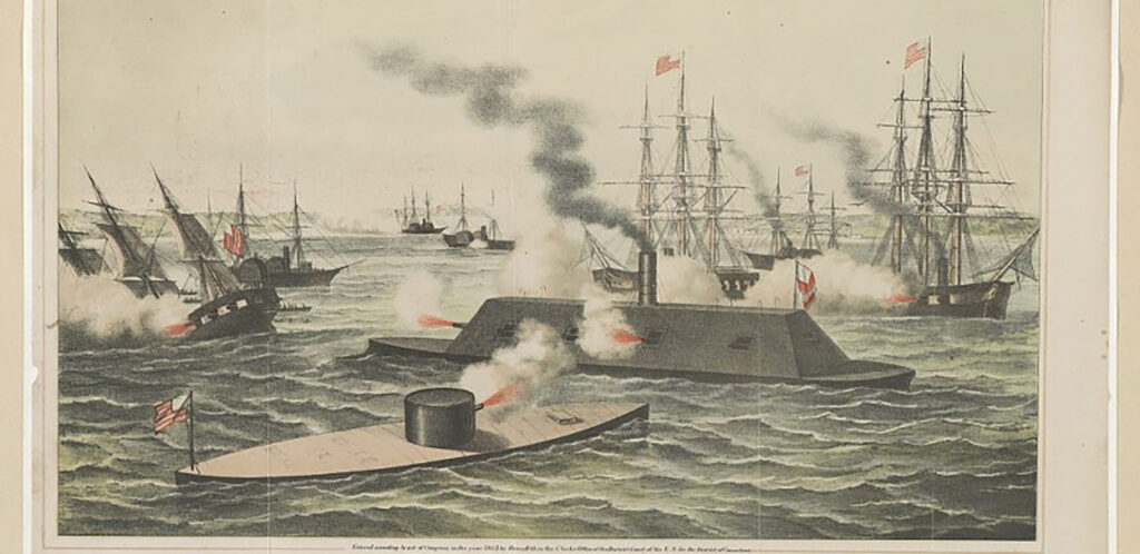 Colored drawing of several civil war era metal gunship in a naval battle.