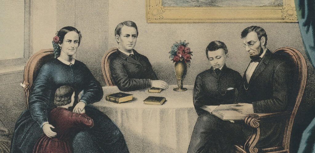 Colored pencil drawing of the family of Abraham Lincoln sitting down for dinner.