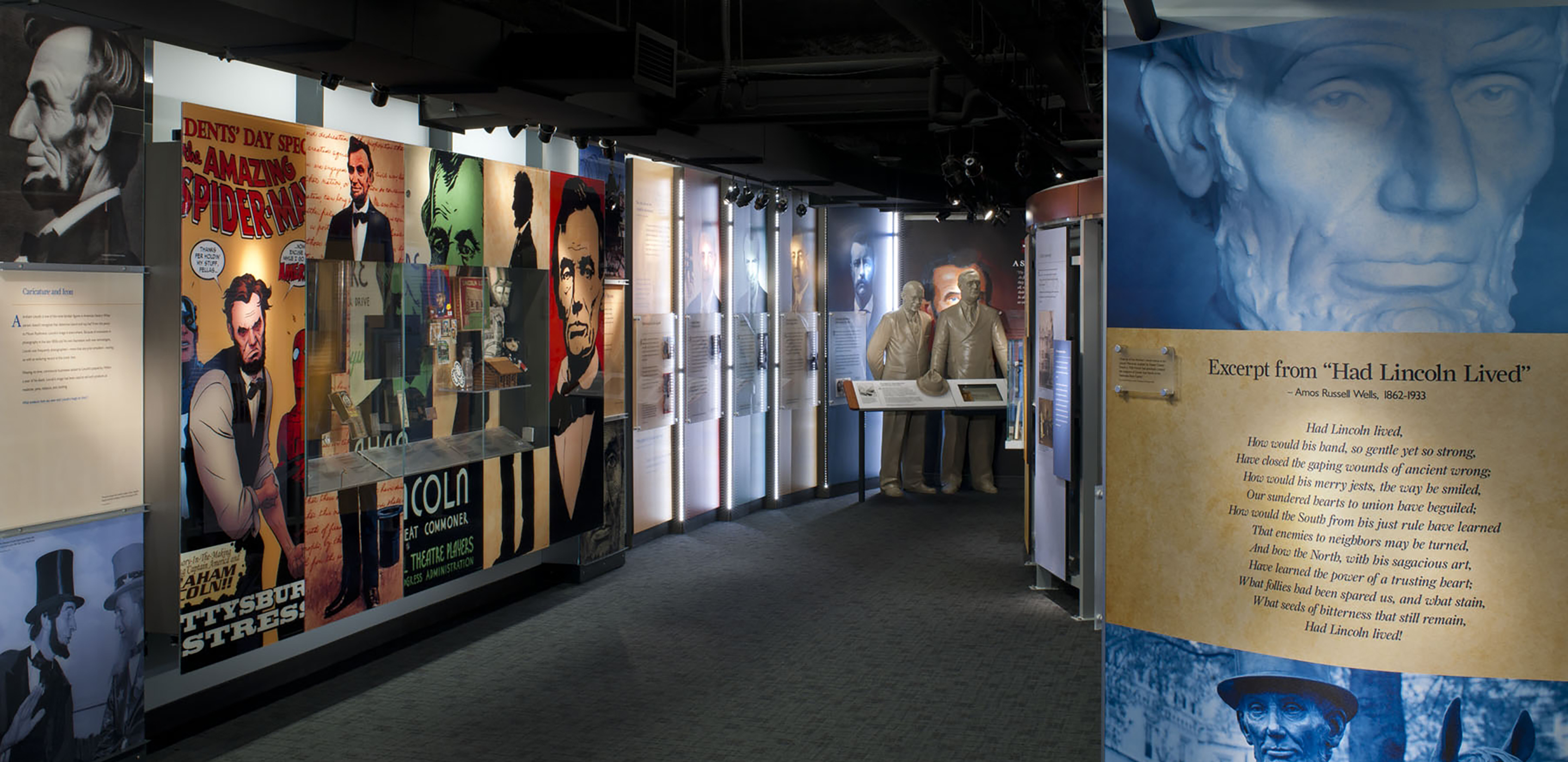 At left is a wall with a cartoon of Lincoln with Spiderman and brightly colored portraits of Lincoln. At right are photos of prominent Lincoln statues.