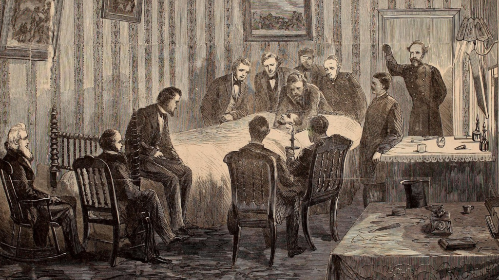 Black and white drawing of men dressed in nineteenth century clothing gathered around a table.