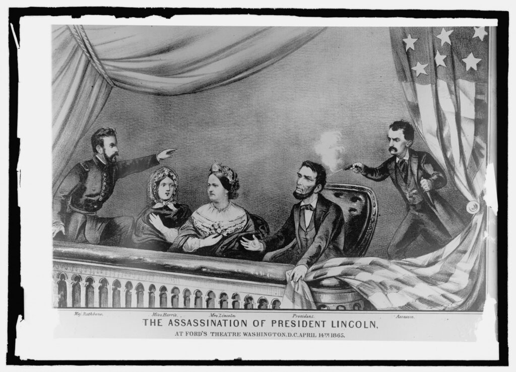 Black and white drawing of the assassination of President Abraham Lincoln.