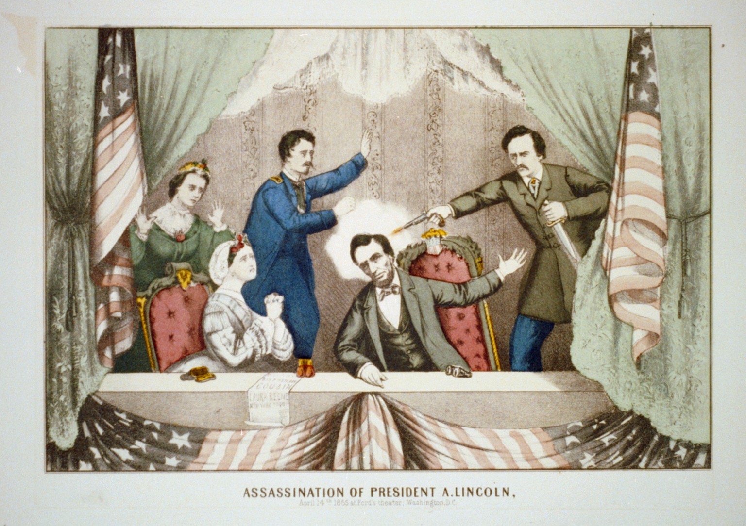 Print shows the president's box at Ford's Theater with John Wilkes Booth, on the right, shooting President Lincoln who is seated at the front of the box; on the left are Mary Todd Lincoln seated in the front, Major Henry Rathbone rising to stop Booth, and Clara Harris standing behind Mrs. Lincoln