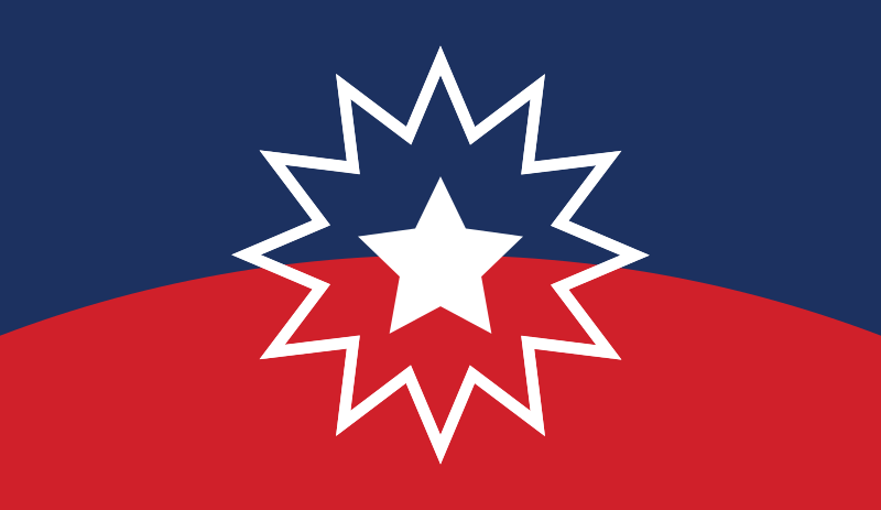 Red, white and blue banner with a bursting 12-point star with a five-point star in the middle is the Juneteenth Flag
