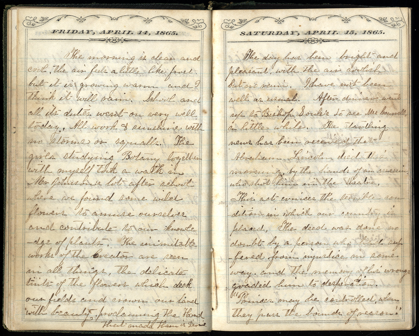Handwritten diary pages with dates of April 14 and April 15, 1865, printed at top