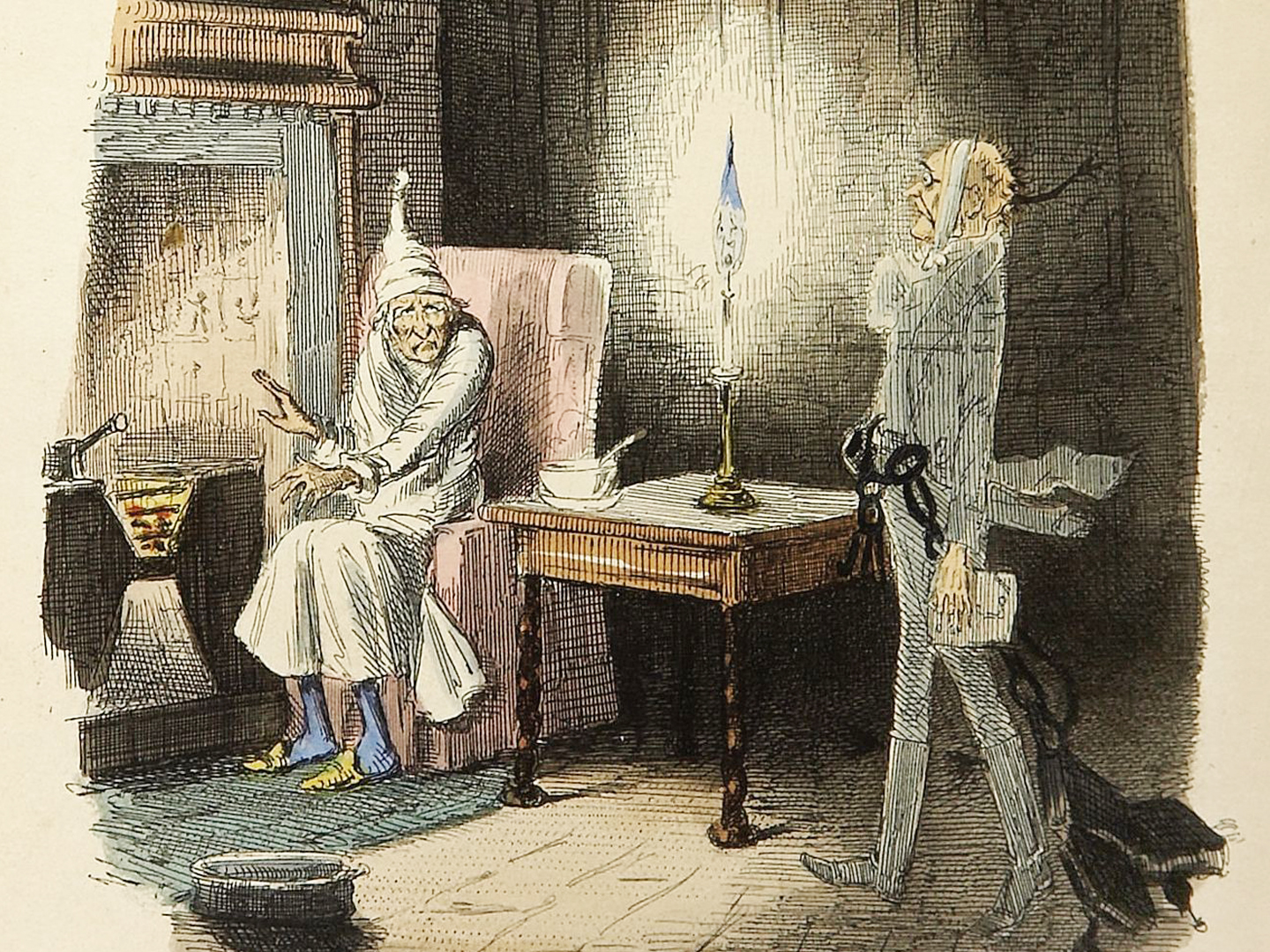 Illustration of Scrooge in his signature nightshirt and cap sitting in a red armchair near a fireplace. Scrooge wears a frightened expression as the ghost of his former business partner, Jacob Marley, visits him in the middle of the night, wrapped in heavy chains.