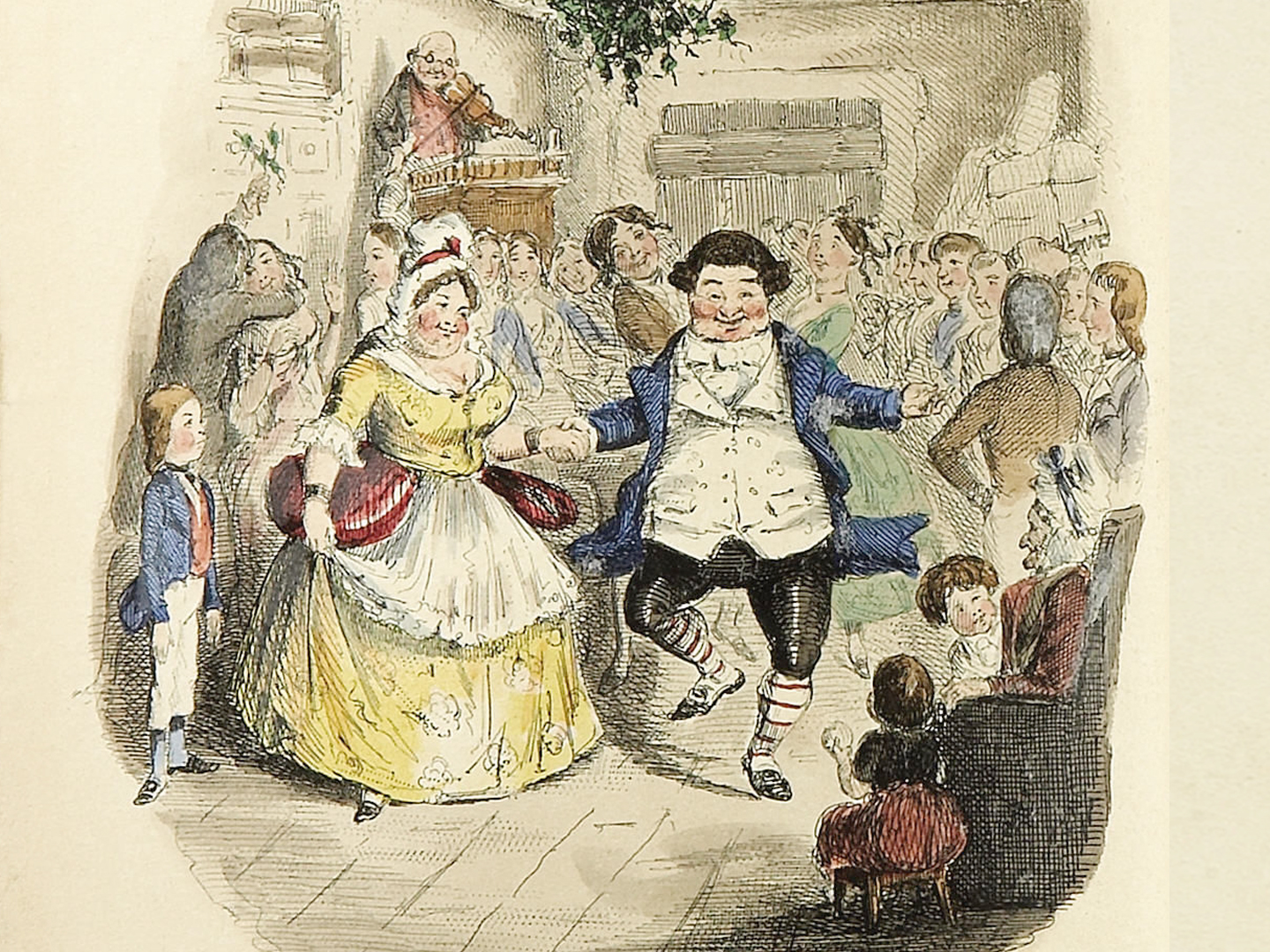Illustration of a jolly, rosy-cheeked Victorian couple who kick up their heels as they dance at a Christmas party.