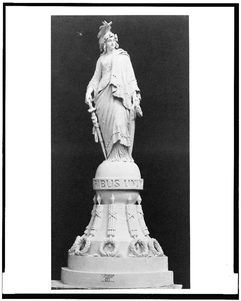 Black and white photo of statue of Freedom model, for dome of the U.S. Capitol, T. Crawford, sculptor, Rome, 1856.