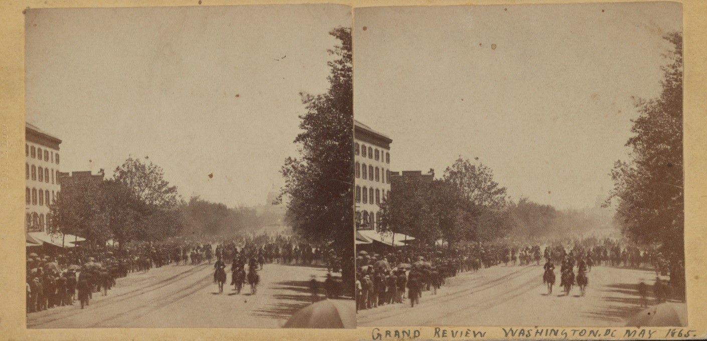 Two stereograph photographs showing the Union Army parading down Pennsylvania Avenue in Washington, D.C., May 23-24, 1865. Spectators crowd both sides of the Avenue as cavalry on horseback and flag bearers lead foot soldiers. The Capitol dome can be seen in the distance behind the soldiers.
