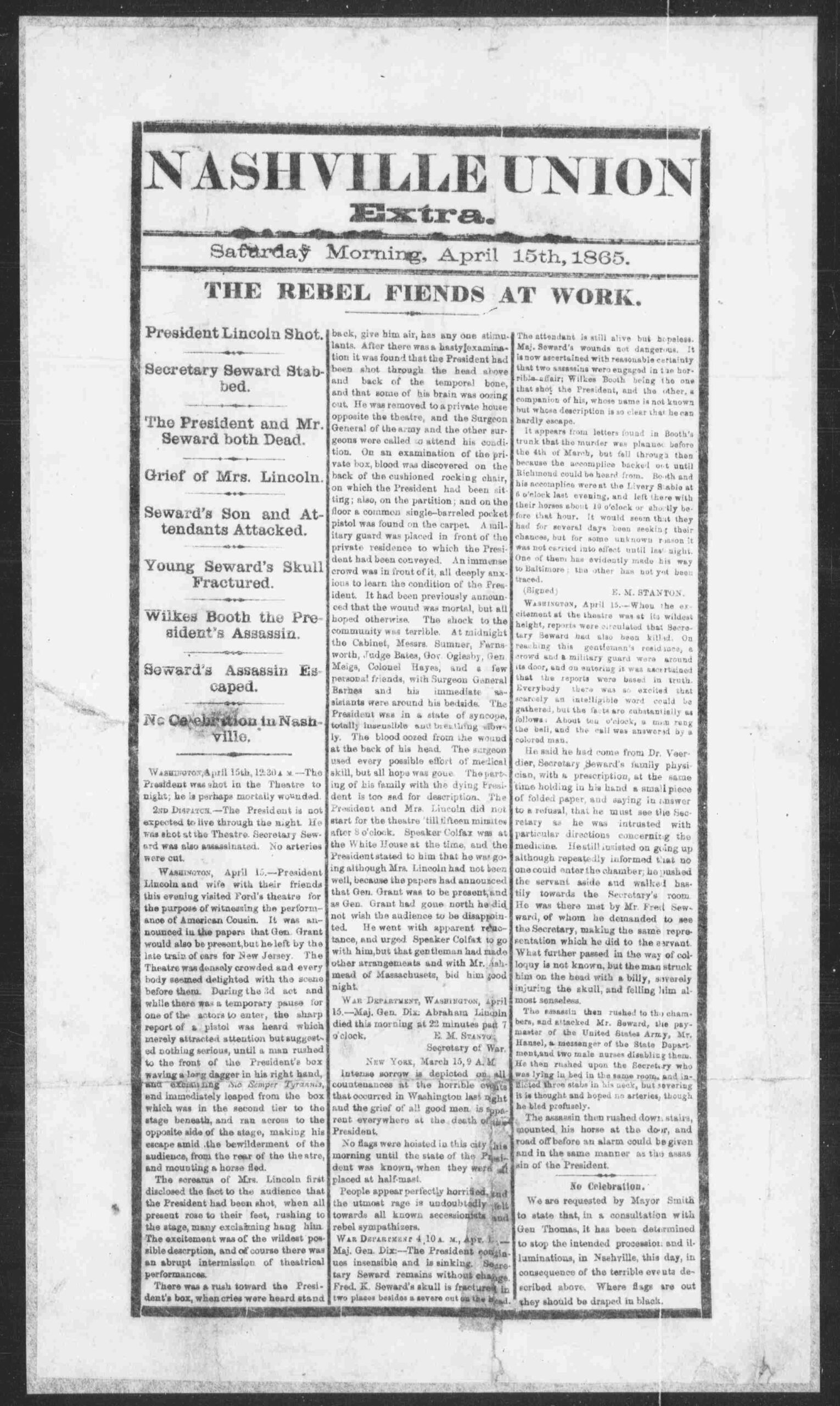 Black-and-white Nashville Union newspaper dated April 15, 1865. Below masthead, headline reads: “The Rebel Fiends at Work.” Article describes the assassination of President Abraham Lincoln.