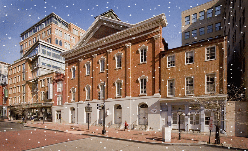 Gif image of snow falling outside of Ford's Theatre.