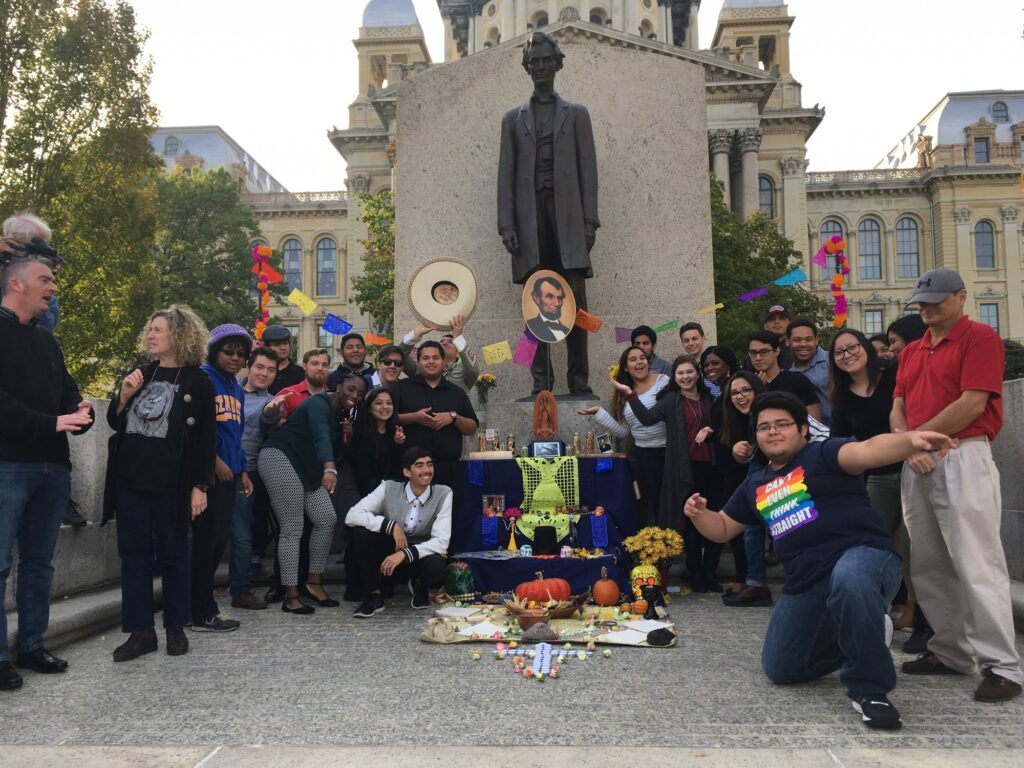 St. Mary’s University students pose with their Día de los Muertos altar commemorating Lincoln’s support of Mexico in Springfield, Illinois, 2016.