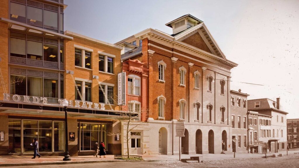 Image of Ford's Theatre as seen from 10th street, with the right half coming from a modern image and the left from a historical photo.
