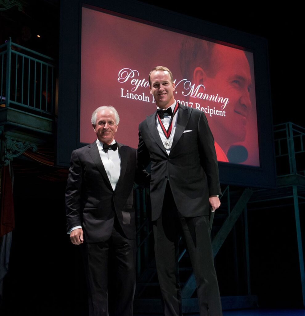 Senator Bob Corker and Lincoln Medalist Peyton W. Manning at the Ford’s Theatre Annual Gala on June 4, 2017. Photo by James R. Brantley.