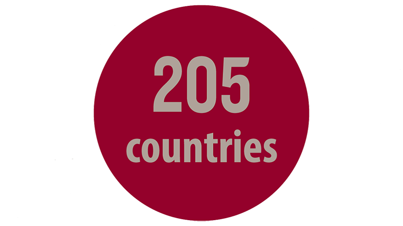 A red circle on which the words "205 countries" has been written.