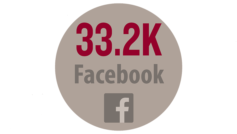 A brown circle on which the words "33.2K Facebook" are written above the facebook symbol.