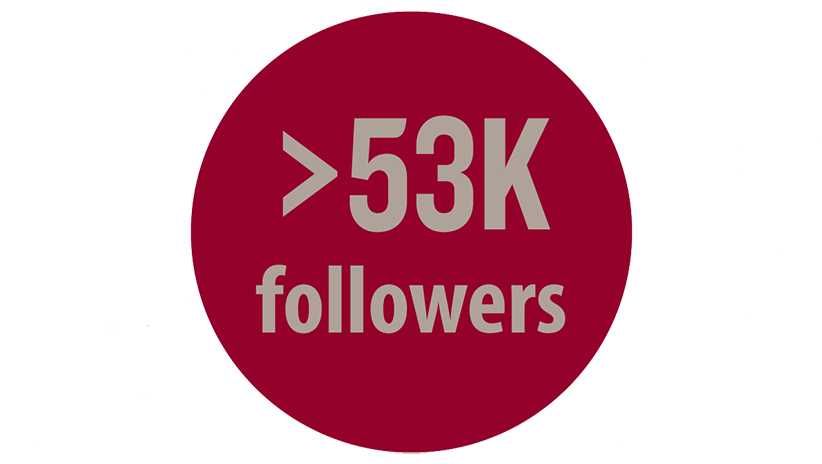 A red circle on which the words "More than 53k followers" is written.