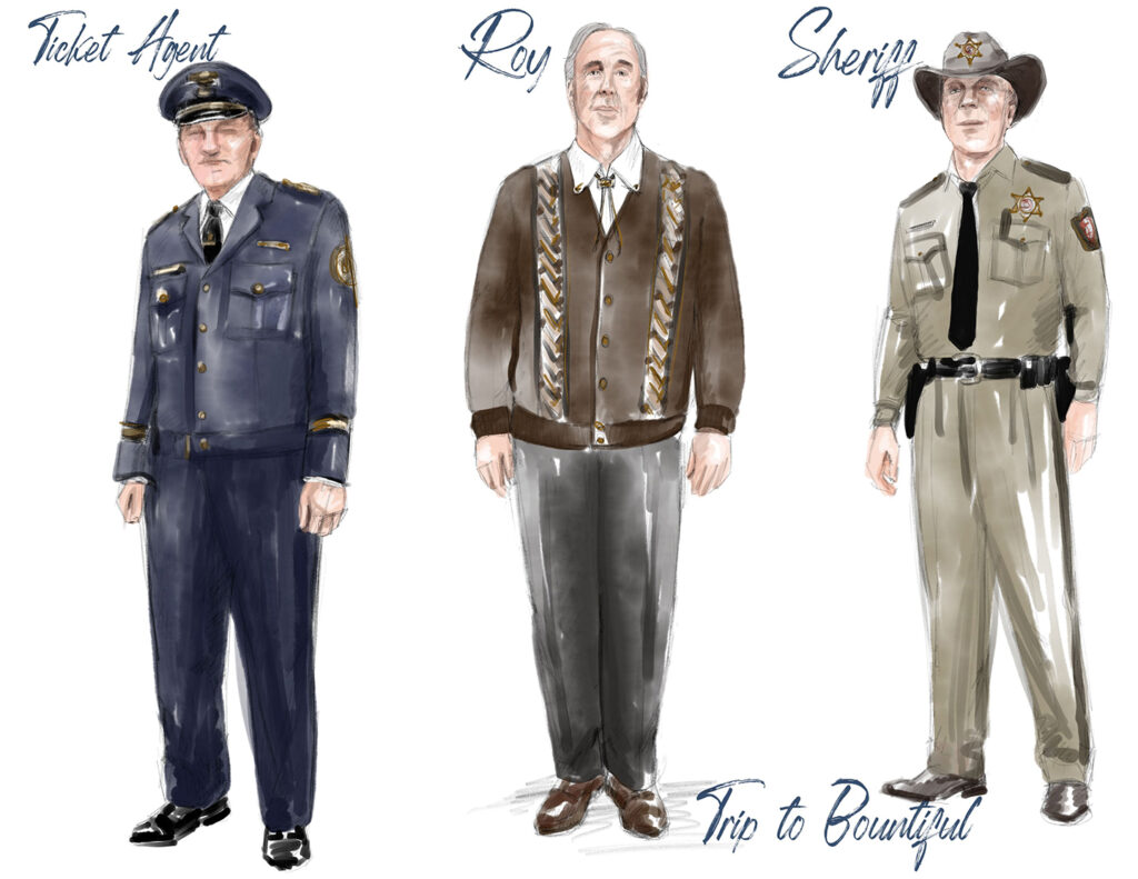 Three sketches of the costumes for the characters of the ticket agent, Roy and the Sheriff from The Trip to Bountiful.