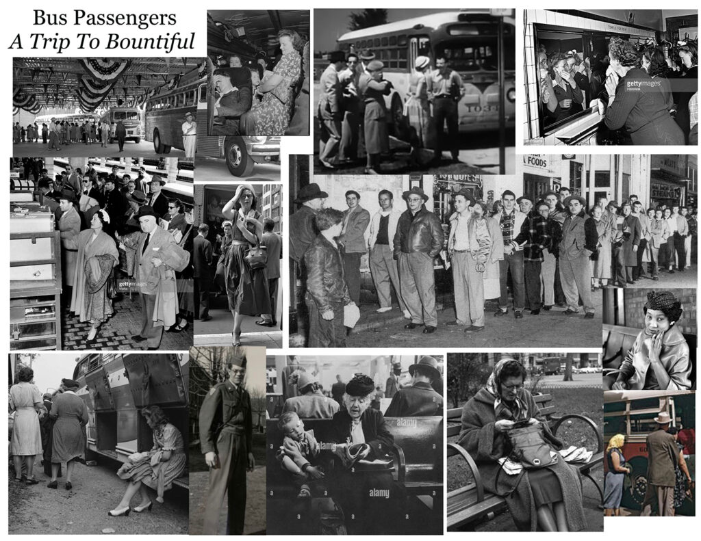 Historical photos of bus riders.