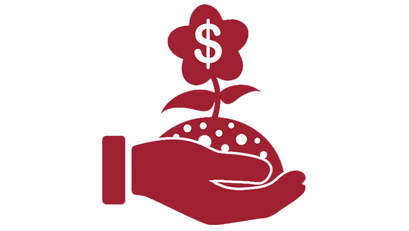 An image of a cupped hand pointing upwards holding a mound of soil out of which grows a flower. The flower has a dollar sign on its petals.