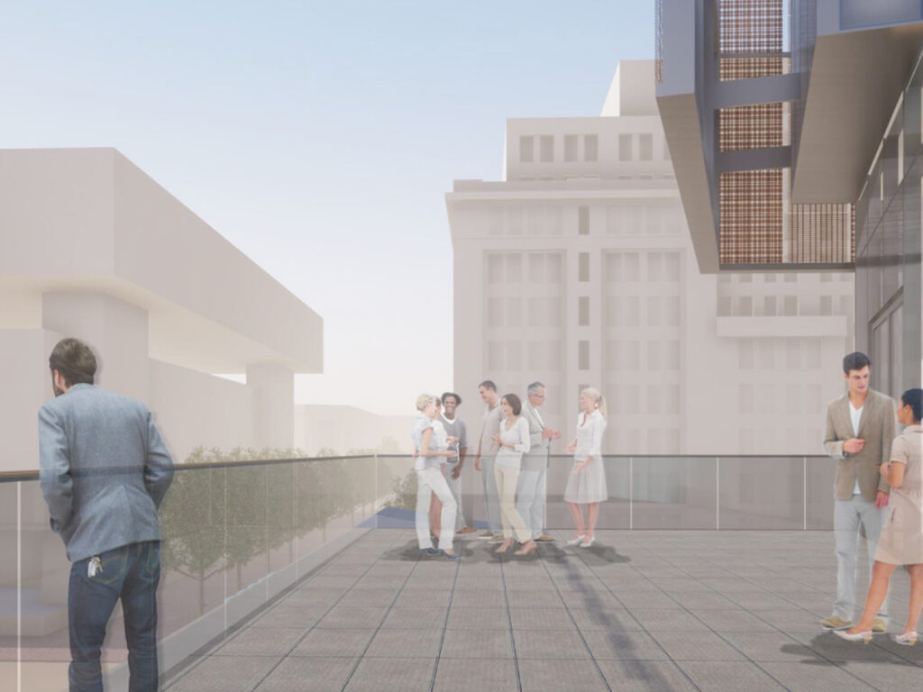 Rendering of a new terrace off the future flexible event space that will overlook the historic Ford’s Theatre. Elevated outdoor terrace space that has glass paneled barriers around the perimeter.