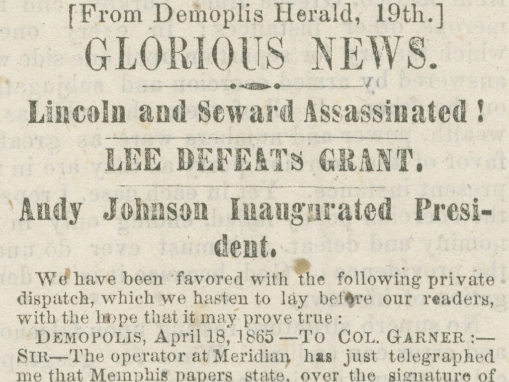 A news clipping from the Alabama Beacon. The headline reads "Glorious News. Lincoln and Seward Assassinated.