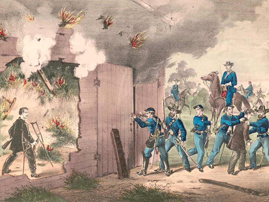 Colored pencil drawing of union soldiers gathered outside a burning barn. Inside, John Wilkes Booth stands on crutches and holds a pistol. One soldier fires a rifle through a hole in the barn.