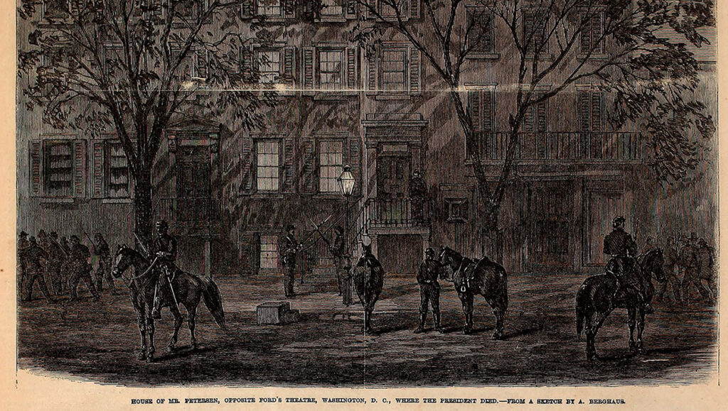 Drawing of the Petersen house across the road from Ford's Theatre. The scene is at night, and soldiers patrol the street in front of the house.