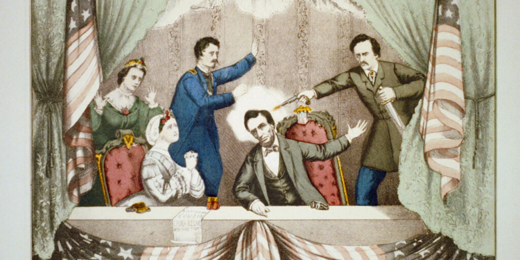 Colored drawing of the assassination of Abraham Lincoln by John Wilkes Booth. Booth stands next to Abraham Lincoln in a theatre box and shoots a derringer at his head. In his other hand he holds a dagger. A man in a union army uniform stands to try to stop him.