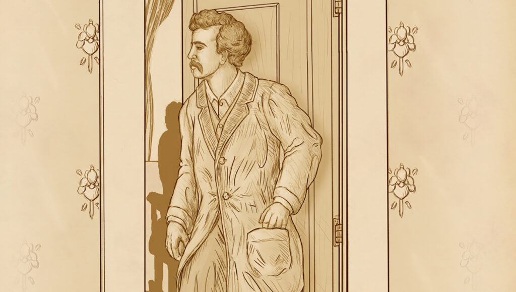 Pencil drawing of a man with a mustache who sneaks through an open door while reaching for something in his pocket.