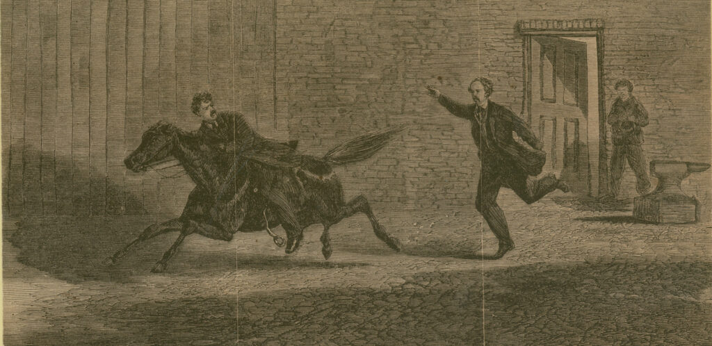 Drawing of John Wilkes Booth on a horse galloping away from a building. A man chases after him. A third man stands by on open door and watches.