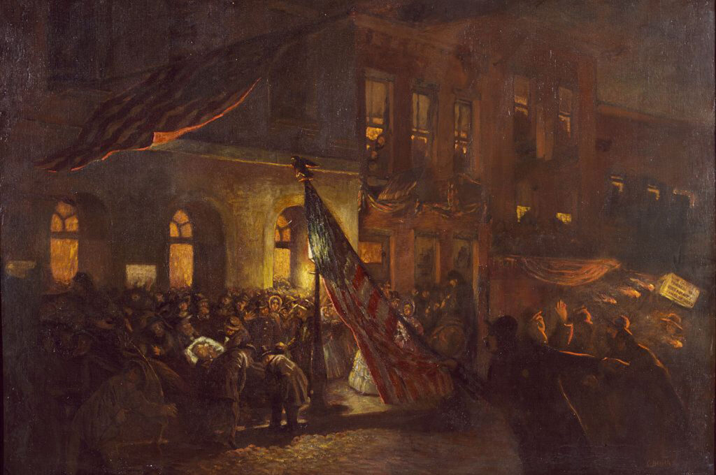 Image of an oil painting of the mortally wounded President Lincoln being carried across 10th Street to the Petersen house.