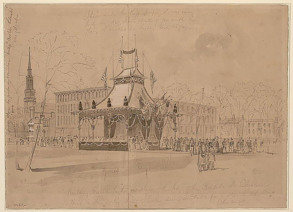 Drawing of a group of people gathered around a square gazebo in a park.