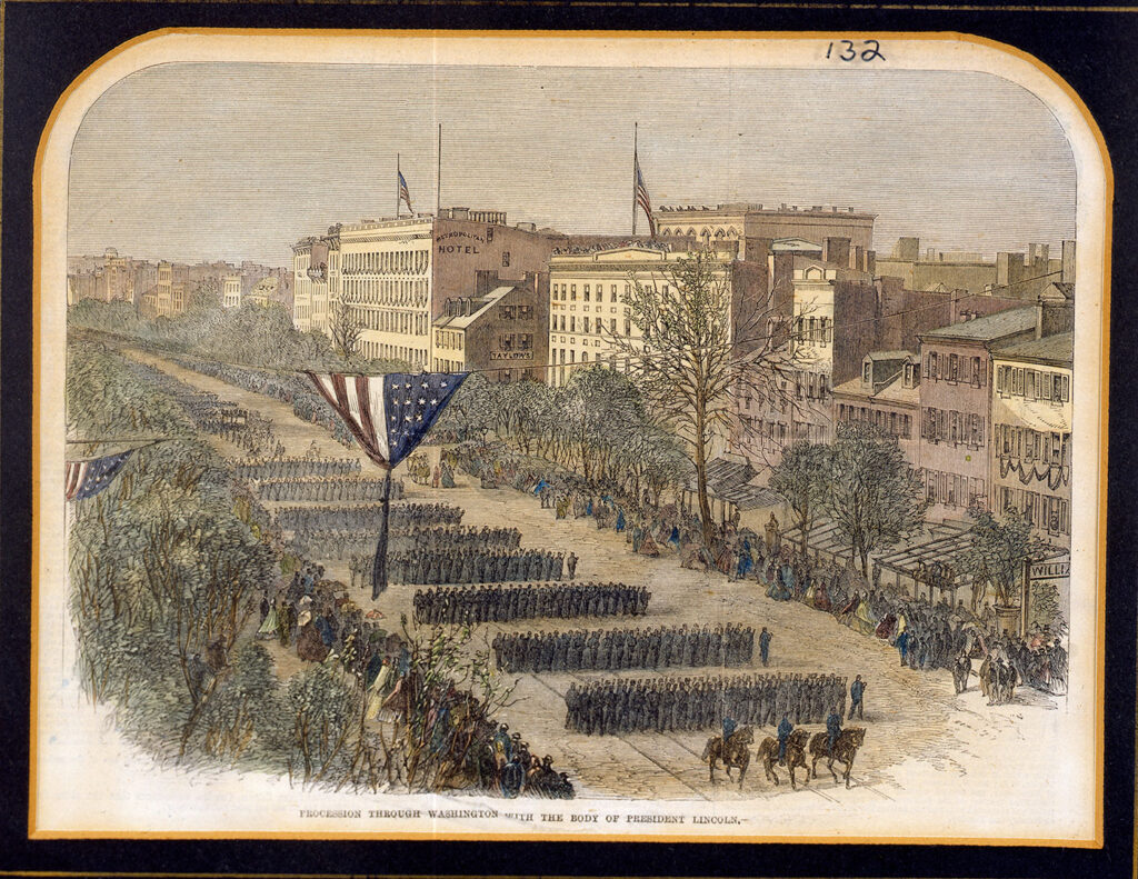 Drawing of soldiers walking down a wide dirt road with a park on one side and a row of buildings on the other. In the foreground an American flag is draped over the road.