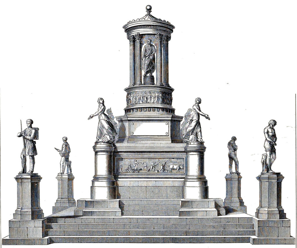 Etching of an elaborate stone monument. A square pedestal with four steps across it includes four standing African American male figures, one at each corner. The next level contains another square platform, with a standing figure of a woman at each corner. The top of the monument features a standing figure of President Abraham Lincoln, holding a broken chain in his hand. Lincoln is under a rounded roof with columns around him.