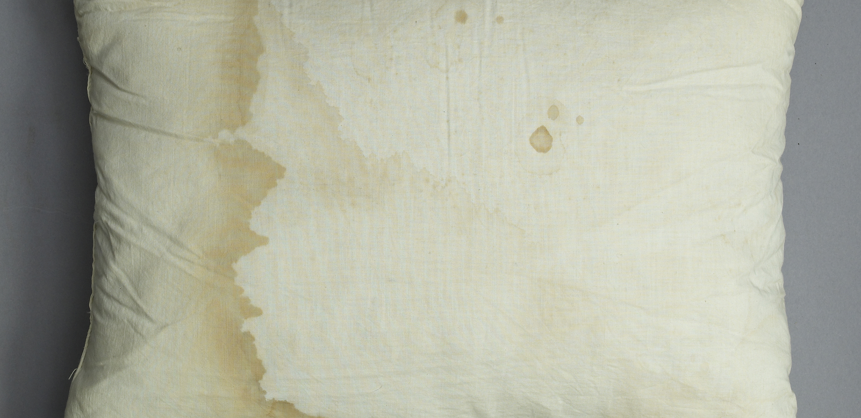 A photograph a pillow with faded blood stains.