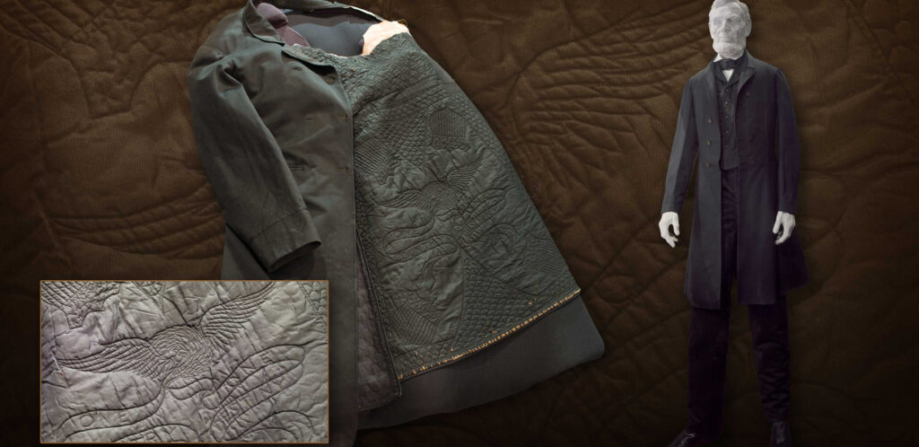 A photograph of the interior of a torn coat. On the bottom left is an inset showing the embroidery in the inside of the coat. To the right is an image of a statue of Lincoln wearing the coat.