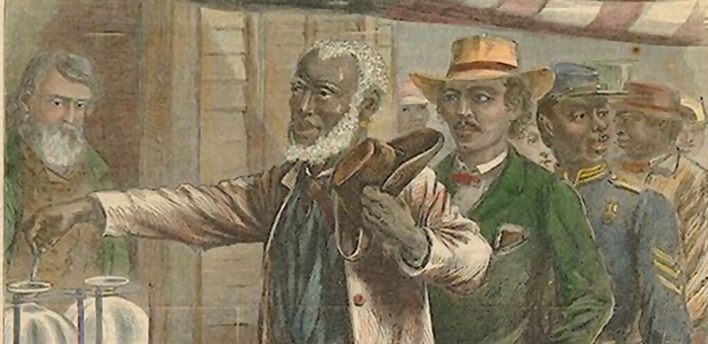 Color drawing of a line of African-American men dressed in 19th century clothing preparing to vote.