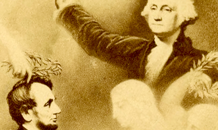 Postcards showing Abraham Lincoln ascending to heaven to meet George Washington.