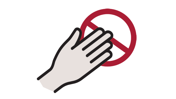 Icon of a hand in front of a red circle with a line through it.