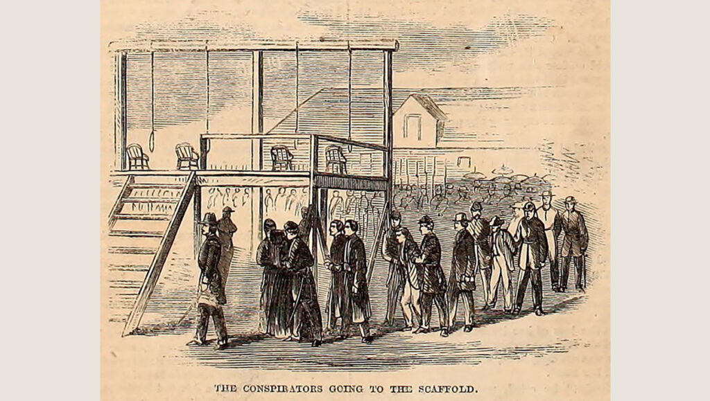 A drawing of soldiers leading people to a gallows. A caption reads "The conspirators going to the scaffold."