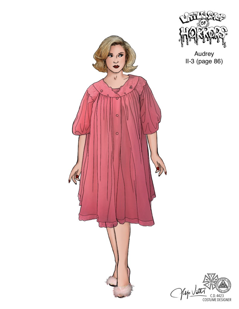 A drawing of an Asian woman with a blonde wig wearing a pink dress and fluffy pink slippers.
