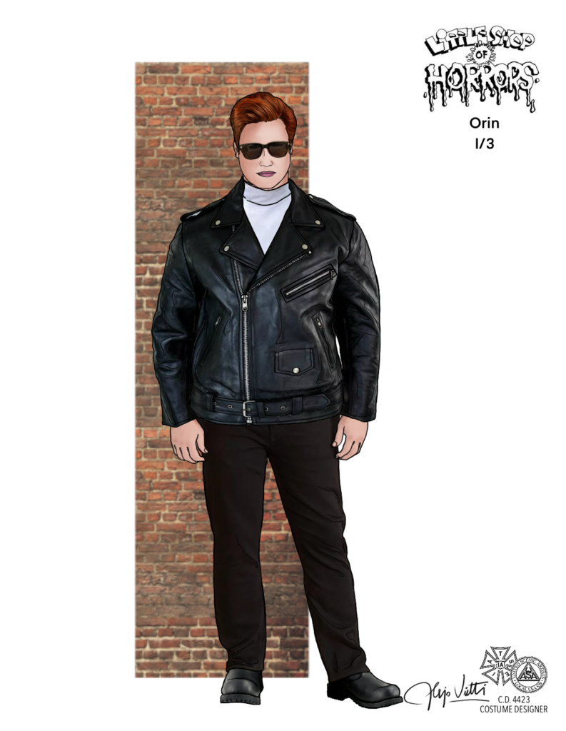 A drawing of a white man with slicked up hair wearing black sunglasses, with a leather black jacket, a white dentist shirt underneath, black pants and black shoes.