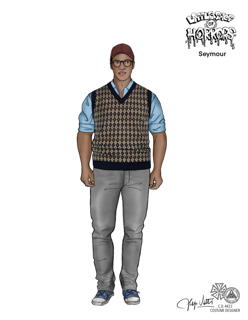 A drawing of a Black man with a cap and glasses, wearing an argyle sweater over a blue shirt, grey pants and blue sneakers.