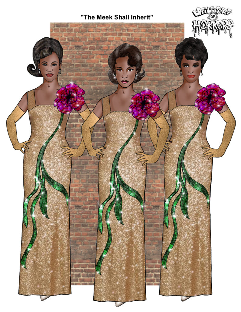 A drawing of three Black women in sparkly gold gowns with pink flowers and green stems flowing.