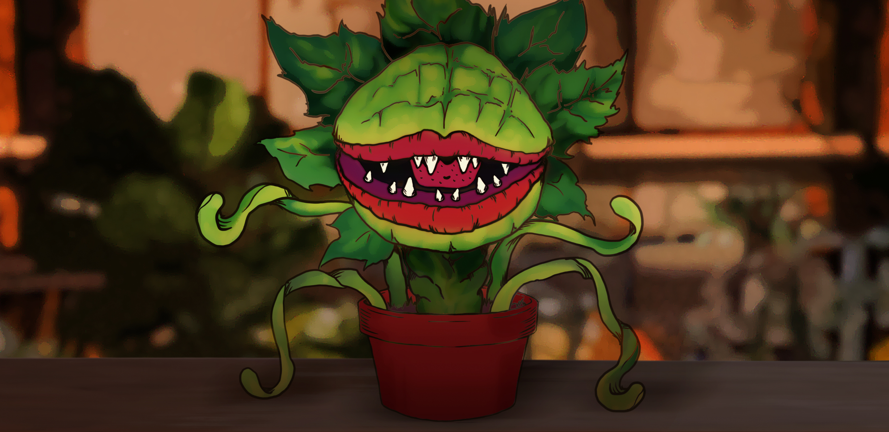 Drawing of a large venus flytrap with lips and teeth in a pot. The background shows a flower shop.