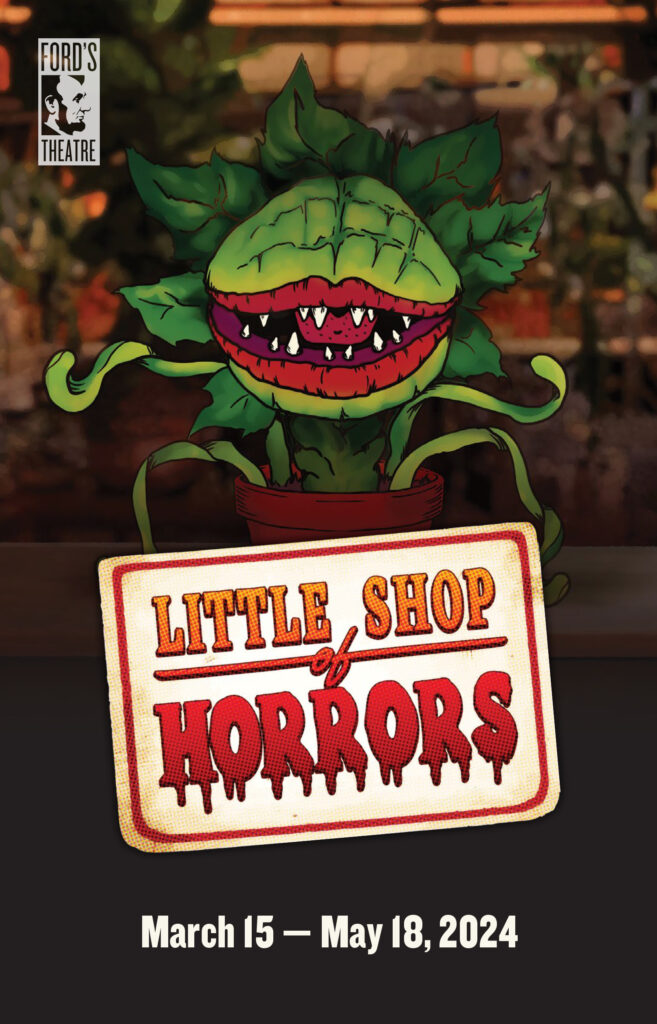 Picture of a venus fly-trap with large lips and teeth, over a sign that says Little Shop of Horrors