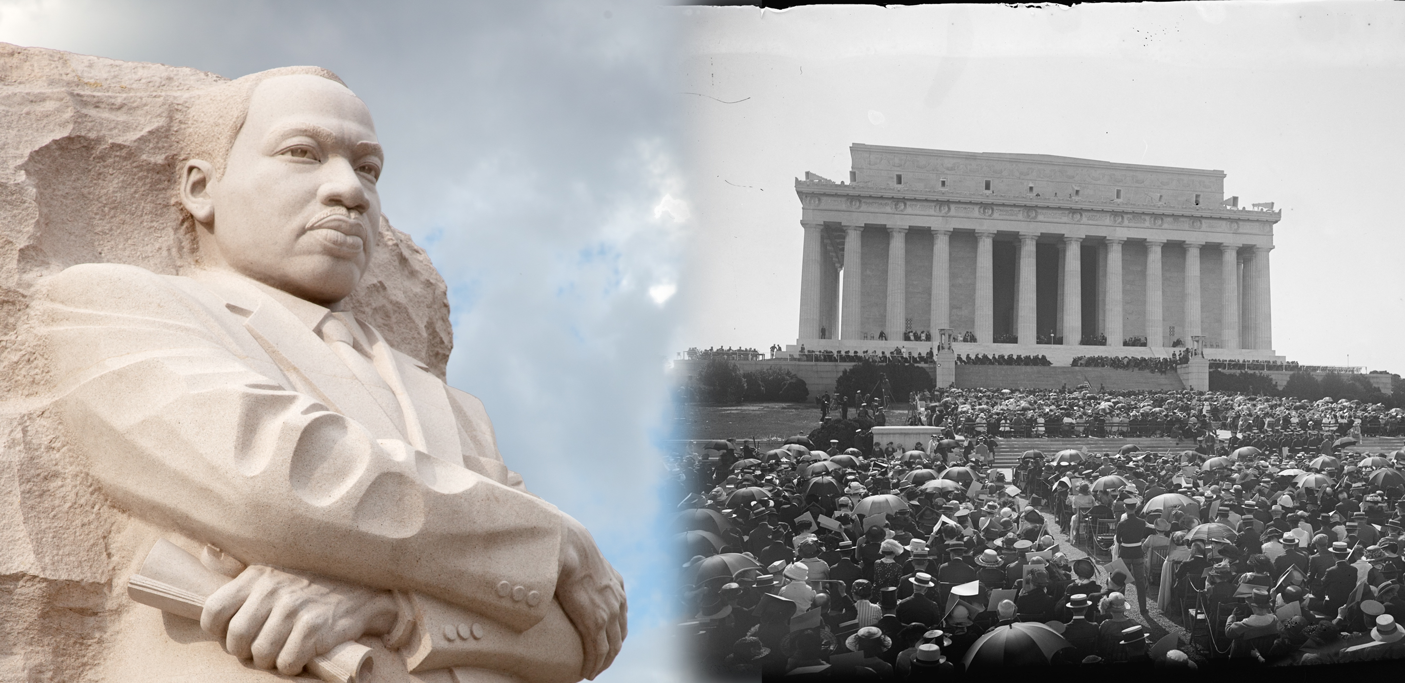 On the left a color image of the Martin Luther King Jr. Memorial. On the right a black-and-white image of the Lincoln Memorial with a large crowd.