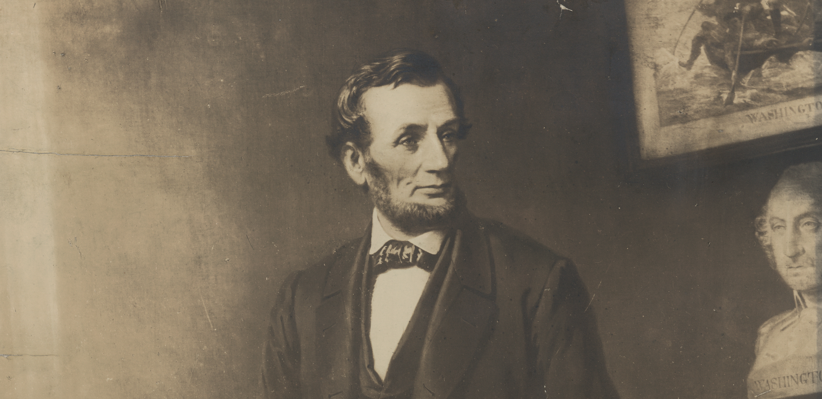 Black and white photograph of an oil painting of Abraham Lincoln standing between a desk and a globe.