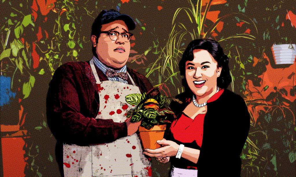 A Black man, with an expression of fear, and an Asian woman, with an expression of excitement, pose with a strange and interesting plant in a plant shop with greenery surrounding them.