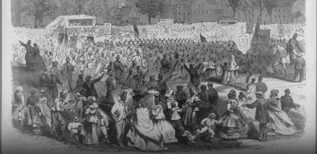 Black and white periodical illustration of a large crowd of African Americans celebrating the abolition of slavery in Washington, D.C.